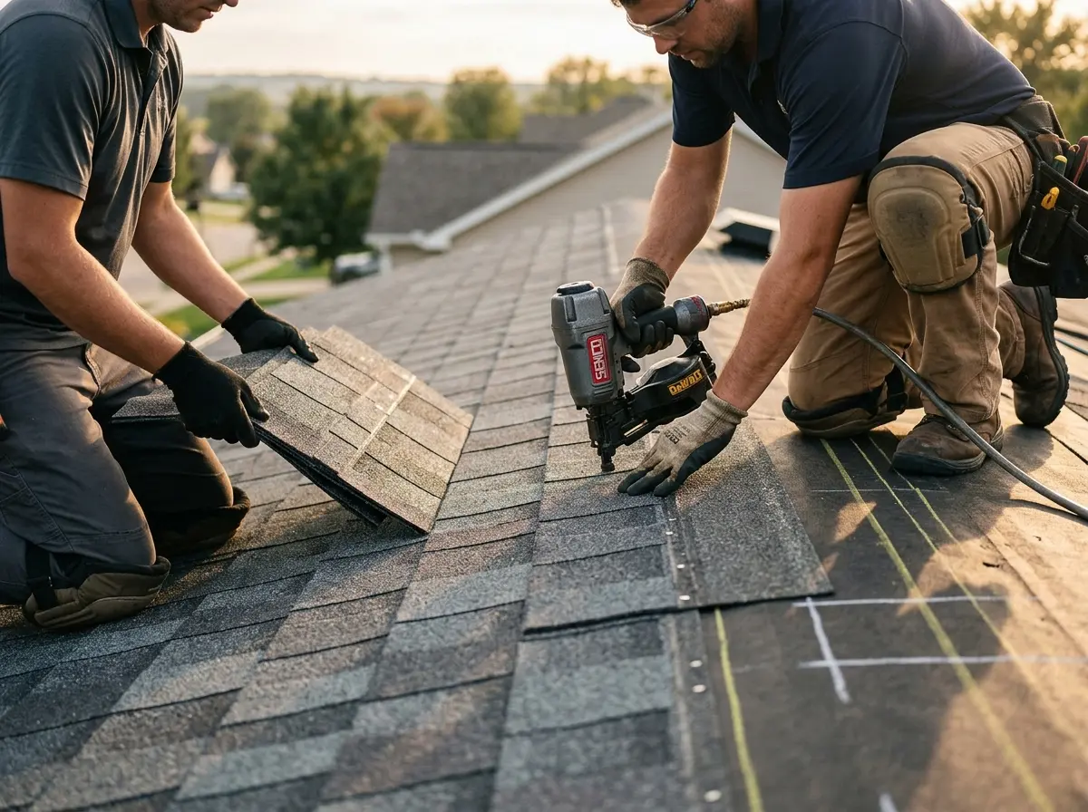 Professional roofer working on a residential roof in Sikeston
